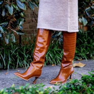 Oasis Society Eva- Brown Croc-Embossed Knee-High Boots